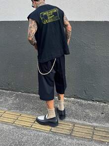 男士做旧风格背心，宽松无袖肌肉T恤，做旧白色字母图案背心，做旧街头服饰。 - 彩色 - 查看 4