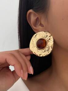 زوج من أقراط الأحجار الكريمة الدائرية غير المتماثلة الهندسية الفرنسية القديمة، مجوهرات أنيقة للنساء، مناسبة للارتداء اليومي والحفلات والمناسبات - ذهبي أصفر - مشاهدة 2