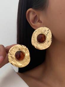 زوج من أقراط الأحجار الكريمة الدائرية غير المتماثلة الهندسية الفرنسية القديمة، مجوهرات أنيقة للنساء، مناسبة للارتداء اليومي والحفلات والمناسبات - ذهبي أصفر - مشاهدة 8