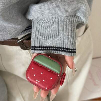 复古磁吸式皮革耳机保护套，草莓波点图案，带挂环，适用于 Pro 2，可爱简约设计，也适用于 3/4（第一代/第二代），女士款