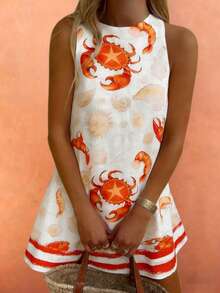 休闲度假风女式螃蟹印花无袖吊带裙，春夏款 - 彩色 - 查看 3