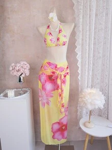 2026 Spring/Summer New Floral Print Halter Beaded Long Dress Style Swimsuit, Island Breeze Slimming Beach Dress Swimwear - Multicolor - View 3