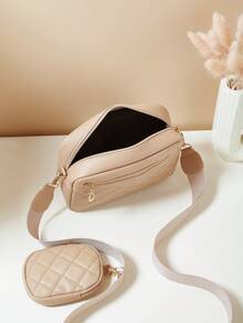 1pc Girls Mini Diamond Quilted Embroidered Letter Pouch, Padded Embroidered Phone Coin Purse - Khaki - View 6