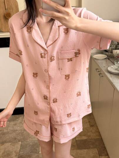 Pure Slumber 2pcs Pink Women's Pajama Set, Textured Lapel Button-Front Short Sleeve Top And Shorts