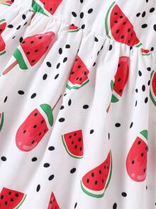 Young Girls Watermelon Fruit Print Sleeveless Casual Dress, Vacation Style, Spring/Summer - White - View 5
