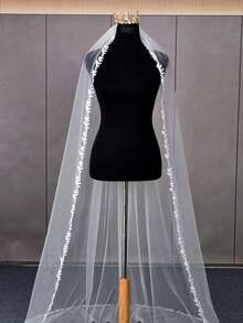 1 chiếc khăn voan cô dâu ren một lớp, dài đến đầu ngón tay, kiểu dáng dài nhà thờ, phù hợp cho đám cưới, tiệc độc thân, chụp ảnh cưới, kèm lược cài tóc kim loại. - mạng che mặt - Xem 4