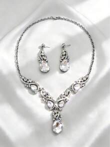 3pcs Elegant Vintage Gorgeous Sparkling Rhinestone-Embedded Necklaces For Women & Earrings For Women ,Jewelry Set, Party, Evening & Bride Accessory Gift - Transparent - View 4