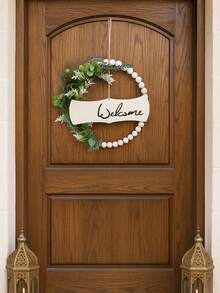 1pc Wooden Bead Wreath, Artificial Green Plant Flower Entrance Hanging Decor, Boho Style Wall Art, Suitable For Entryway, Living Room, Home Decor, Party And Daily Use - Multicolor - View 6