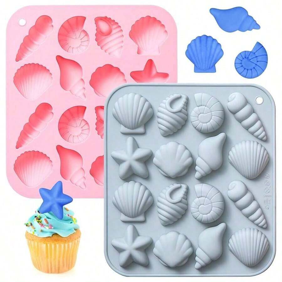 2Pcs Starfish Shell Chocolate Molds Marine Theme Silicone Mould 16-Cavity Mini Conch Animal Mold Cute Cupcake Decor DIY Crafting BaFKing Mold For Candy Cookie,Pink/Gray - Hồng/Xám - Xem 1