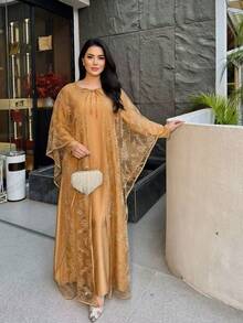 2 Potong Set Abaya Berpayet dan Renda, Gaun Renda, Gaun Mode Timur Tengah, Gaun Renda Lengan Kupu-kupu untuk Musim Semi dan Gugur - Unta - View 7