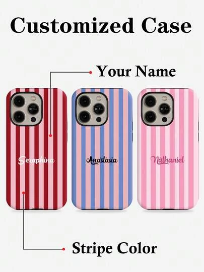 1pc Customized Minimalist Artistic Contrast Color Striped Name Phone Case, 2-In-1 Glossy Filmstrip Hard Shell Phone Protective Cover Compatible With IPhone 11/12/13/14/15/16 17 Pro Max