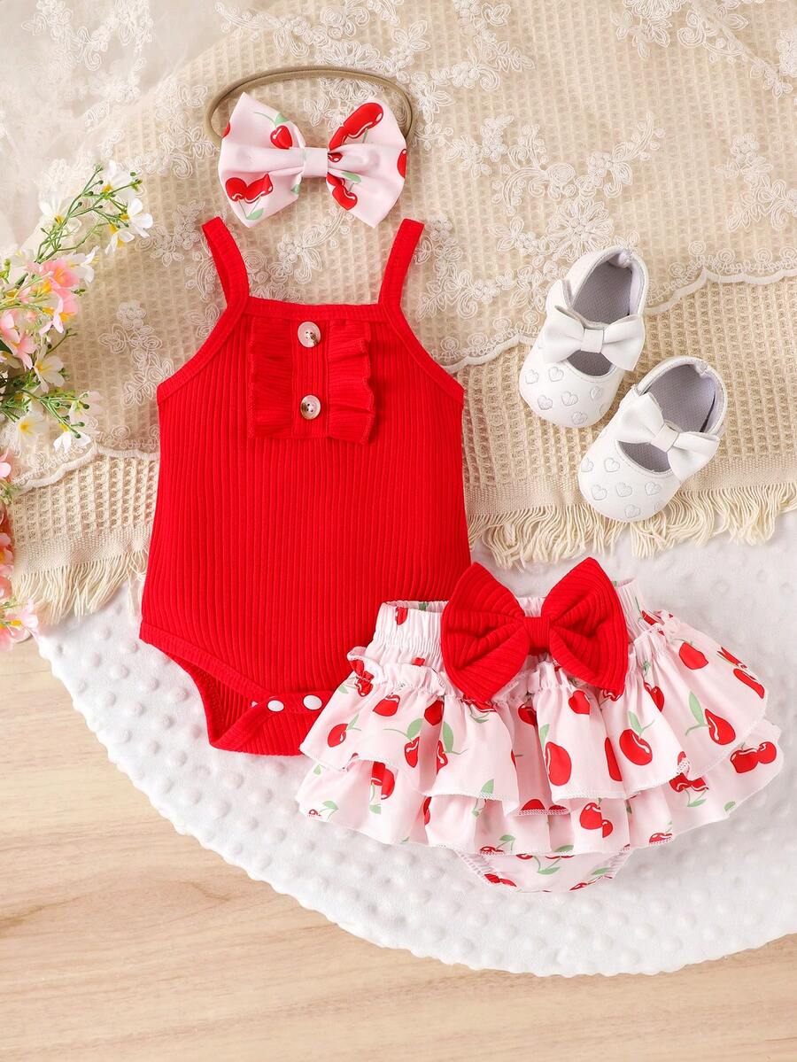 2pcs Set Baju Terusan Bayi Perempuan Lucu dengan Celana Pendek dan Bando Tipis untuk Musim Panas - Merah - View 1