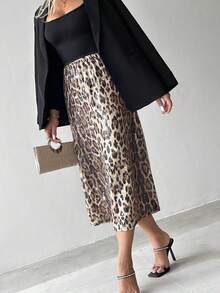 豹纹高腰亮片中长鱼尾修身鸡尾酒裙，适合夜店穿着 - 彩色 - 查看 4