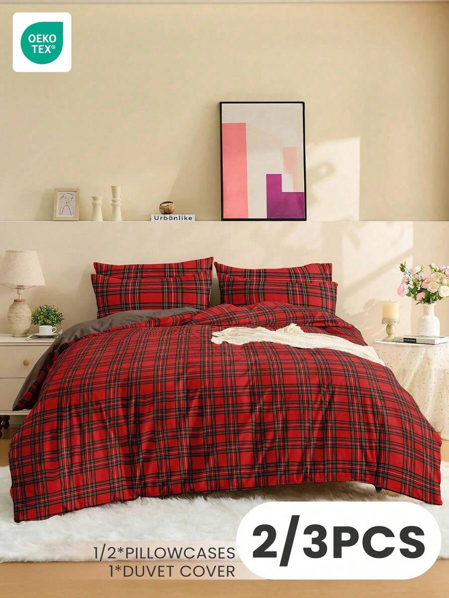 Bộ chăn ga gối hoạt hình 2/3 món, mềm mại và thoáng khí, thân thiện với da, kiểu dáng hoạt hình, chống xù lông, đồ dệt gia dụng dễ thương, họa tiết kẻ caro đỏ và nâu, phù hợp với giường cỡ Twin, Full, Queen, King (không bao gồm chăn bông). - Nhiều màu - Xem 1