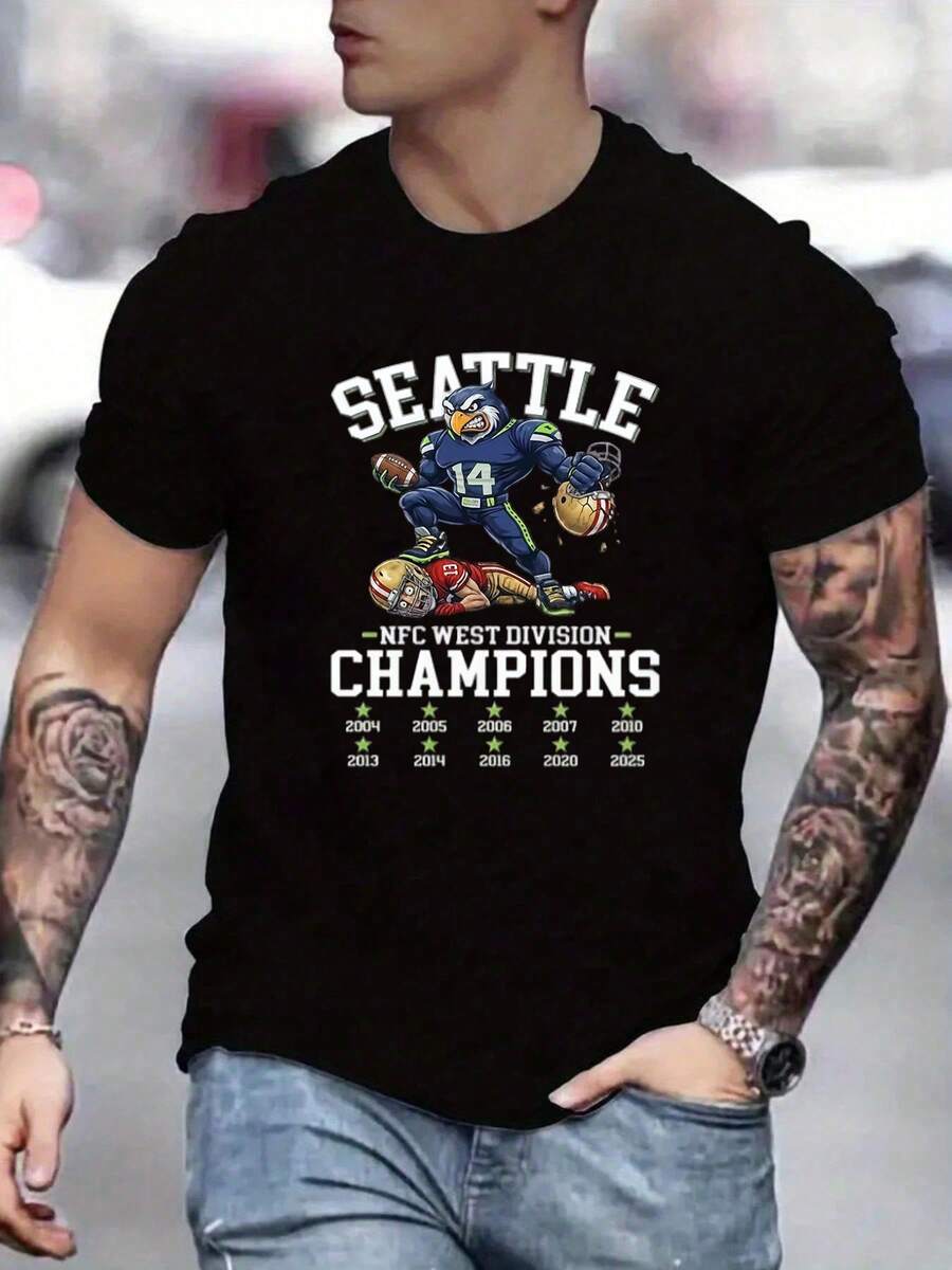 Men's SeattleSeahawks Fan Graphic Tee ,Seahawks Football T-Shirt, Cool Popular, Fashion, Gift For Football Fan, Men'S And Women's Graphic T-Shirt,Casual Sport Attire - Machine Washable, Seahawks Gift For Men - 黑色14 - 查看 1