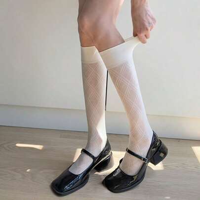 1 Pair Spring/Summer Fashion Line Pattern Knee-High Socks, Black & White, Suitable For Daily Commute, Dates, Shopping
