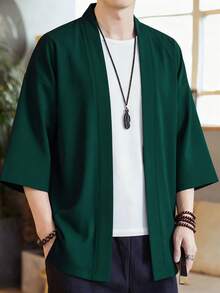 男士休闲和服式开襟衬衫，100% 涤纶，宽松休闲版型 | 飘逸面料 - 墨綠色 - 查看 2