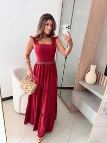 Long Dress With Lace Detail At The Waist In Duna Fabric - Redwood - View 1