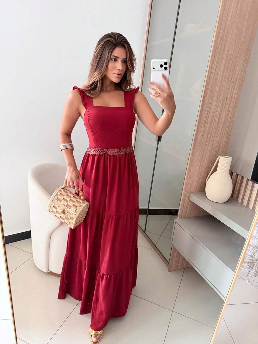 Long Dress With Lace Detail At The Waist In Duna Fabric - Redwood - View 1