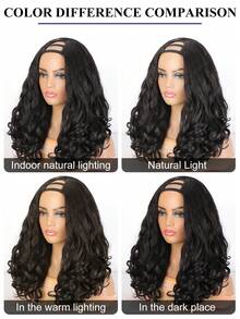 U型卷发假发，适合非裔卷发，18英寸波波头蓬松卷发，自然黑色，无需留毛，夹式半头假发 - 黑色 - 查看 7