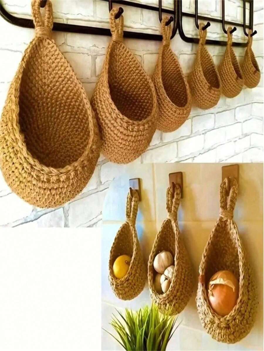 6/3/1pcs Set Wall Hanging Woven Baskets, Bohemian Style, Creative Water Drop Shape, Suitable For Vegetables, Fruits, Kitchen Storage Baskets, Also Fit For Holiday Decoration, Kitchen Storage Bags, Hanging Storage Baskets, Storage Bags, Kitchen Decor Storage Bags