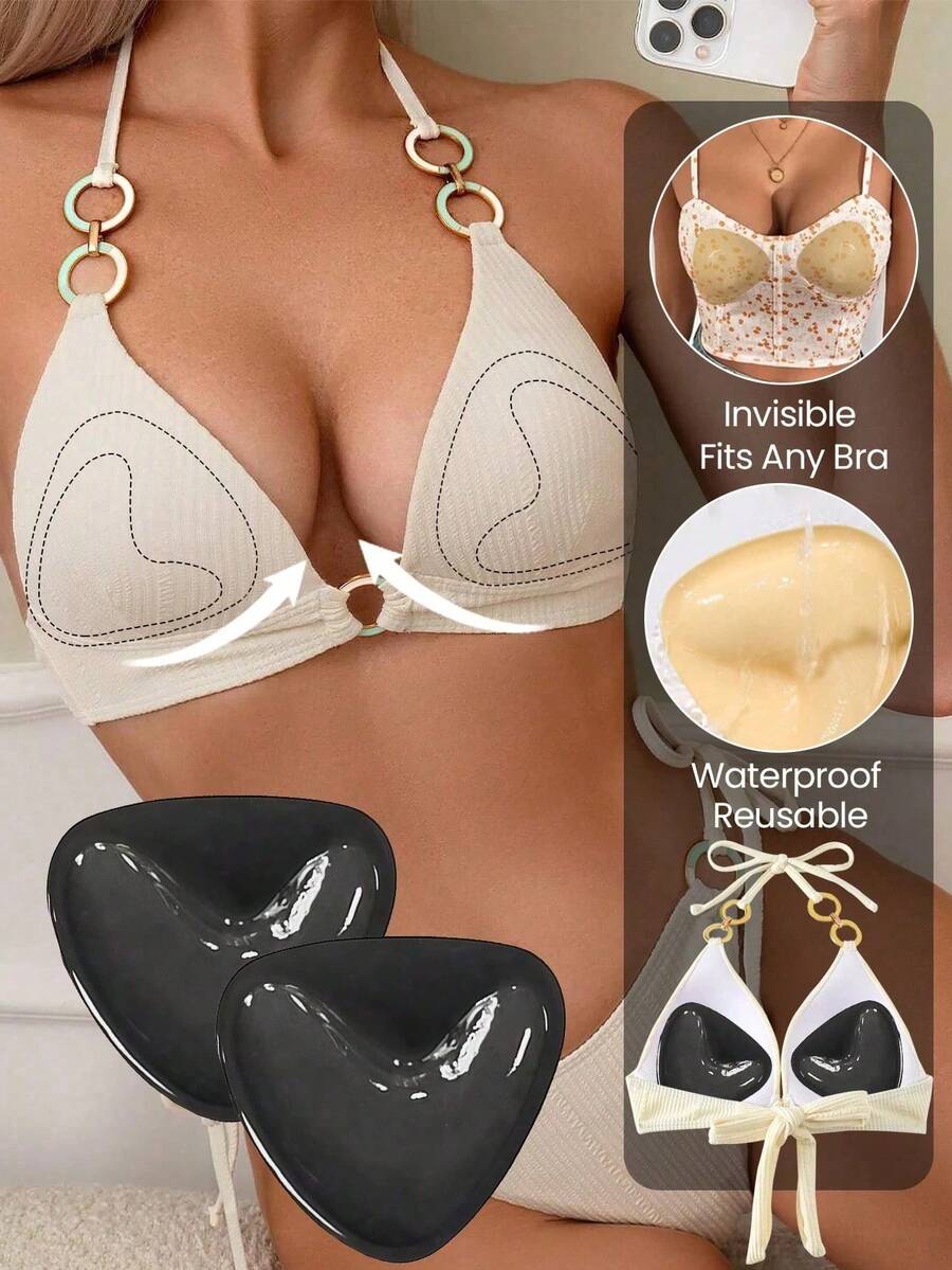 1 Pair Double-Sided Reusable Self-Adhesive Bra Pads, Thickened Invisible Bra Inserts, Waterproof For Swimming - Black - View 1