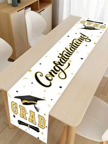1pc Graduation Celebration Party Tablecloth, White Congratulations Graduate Black Gold Mortarboard Pattern Table Runner, 2026 Graduation Tablecloth Tabletop Decor, Graduation Party 2026 Restaurant Table Decor, Home Decor, Graduation Party Supplies, Graduation Theme Table Runner, Party Favors, Photography Props - Platinum Graduation Cap - View 3