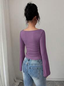 Women's Spring Fall Long Sleeve Shirts Crop Going Out Tops Casual Boat Neck Bell Sleeve Ribbed Ruched Y2K Clothes - Purple - View 2