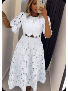 Conjunto de dos piezas de moda casual con diseño francés y calado para mujer - Blanco - Ver 8