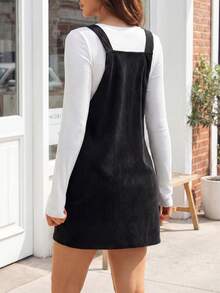 Teen Girl Casual Solid Color Suspender Dress, Ribbed Knit Top, Dress Set (YY1185) - Black - View 2