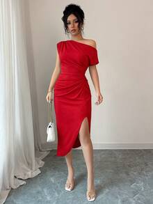 abyoxi Đầm satin xếp ly thủ công màu xanh lá cây nhạt, thanh lịch với cổ áo bất đối xứng và eo, thích hợp cho các buổi hẹn hò, tiệc sinh nhật, đám cưới, lễ tốt nghiệp, thời trang hè mới dành cho nữ. - Đỏ - Xem 6