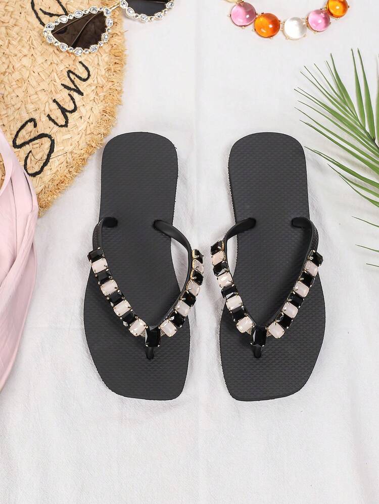 Sandalias de mujer para el verano, nuevas, con tiras en forma de cadena de cristal de dos colores, versátiles, tipo chanclas, para la playa - Negro - Añade 1
