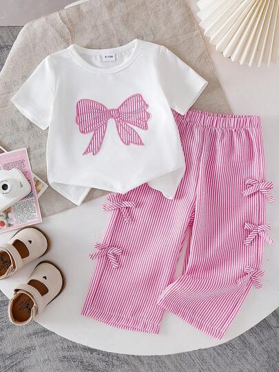 2pcs/Set Baby Girls' Sweet Casual Preppy Style Thick Round Neck Short Sleeve T-Shirt With Bow Embroidery Decor And Striped Side Bow Accent Straight Pants, Suitable For School, Park, Family Gathering, Birthday Party, Relaxing At Home And Other Occasions