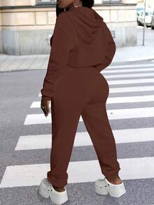 CALEBGAR Plus Size Women's Three-Piece Fleece-Lined Tracksuit, Includes Hoodie, Vest, And Long Track Pants |   Autumn/Winter Loose-Fit Casual Tracksuit |   Streetwear Sporty Style - 棕色 - 查看 2