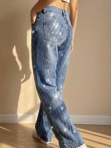 2026春季女式高腰喇叭水钻牛仔裤，时尚蓝色阔腿亮面牛仔裤，适合夜店和外出穿着，Y2K美学 - 中等水洗藍 - 查看 7