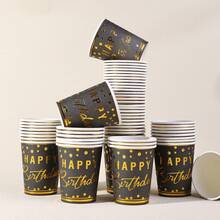 10 piezas/20 piezas/40 piezas, Vasos de papel negro y dorado de 9 onzas con diseño impreso de "Feliz Cumpleaños", vasos desechables para bebidas, aptos para bebidas calientes, fiestas de cumpleaños de hombres y mujeres, bodas, despedidas de soltera, ceremonias de graduación y otras ocasiones. - Negro - Ver 4