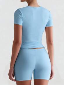 XLLAIS Áo thun nữ cổ tròn tay ngắn màu trơn, dáng ôm cơ bản, phong cách thể thao thường ngày, thích hợp cho mùa hè (2026) - xanh nhạt - Xem 3