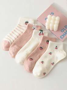 5 Pairs Women's Non-Slip Short Socks With Pink Cherry And Strawberry Patterns, Suitable For All Seasons