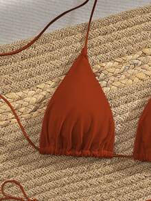 PEPPERMOLLY 新款柔软纯色细肩带交叉露背派对比基尼套装，优雅女士夏季沙滩时尚比基尼，黑色度假款 - 深橘色 - 查看 4