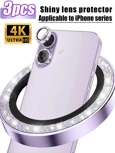 适用于 17/17Air/17Pro/17Promax/16/15/14/13/12/11/Pro/Promax 的 3 片装闪亮摄像头镜头保护膜，超高清钢化玻璃材质，带金属环，闪亮防刮花配件，易于安装，闪亮薰衣草色