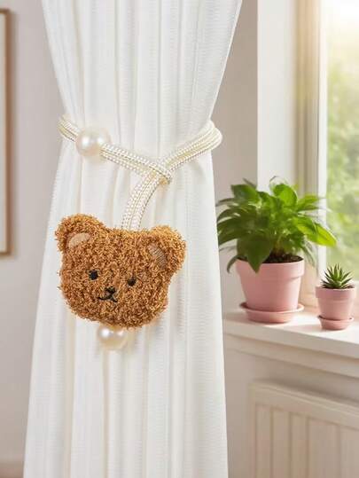 2 Stücke Plüsch Teddybär Vorhang Raffhalter mit Perlen Dekor, süßer ästhetischer Stil für Wohnzimmer & Schlafzimmer