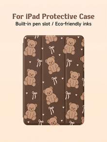 1pc Brown Bear, Heart Bow Pattern Flat Tablet Protective Case, Tri-Fold Stand Tablet Protective Shell, Compatible With IPad 10.2" Compatible With IPad (A16) 11" 11th Gen 2025 Compatible With IPad 8th/9th/10th Gen, Compatible With IPad Air 4th 10.9", Galaxy Tab S6 Lite 10.4", Matepad 10.4"/Tab, With Pencil Slot, Anti-Drop, Tablet Stand Protective Case, Support Auto Sleep/Wake - Multicolor - View 6
