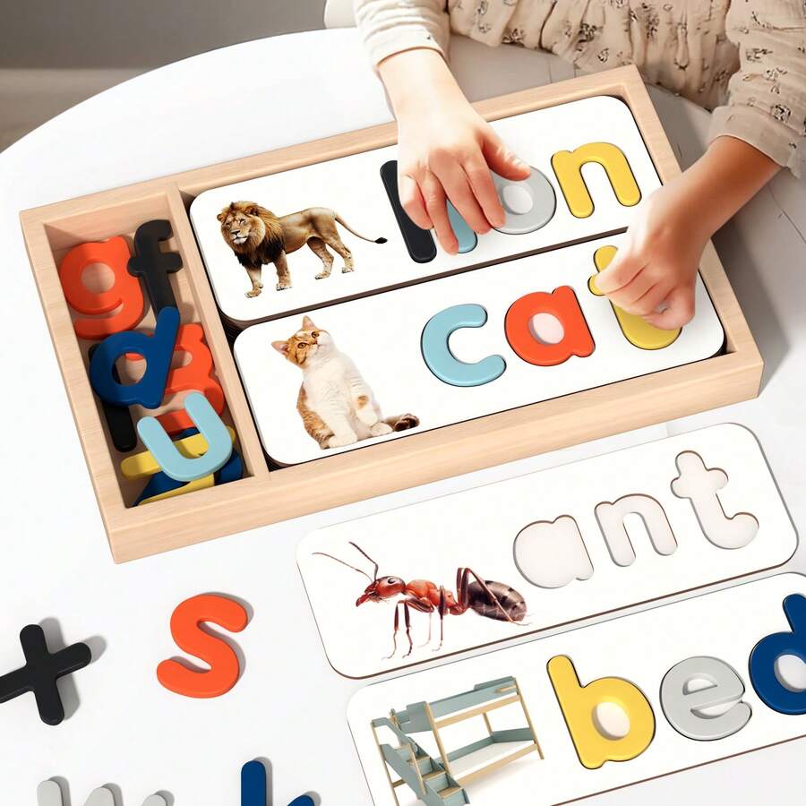 Wooden Box - Children's Early Education English Word Recognition Puzzle Toys, English Alphabet Word Puzzle Game, Tabletop Game For Parent-Child Interaction, Word Recognition Cards, Birthday-Christmas Gift - 字母單字玩具 - 查看 1