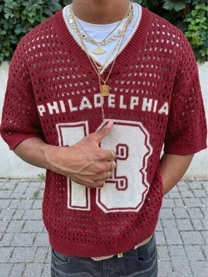  ANDREILEE Men's Casual Minimalist Mesh Numeric Print Short Sleeve V-Neck Knit Pullover Sweater, Versatile For Spring/Summer Streetwear And Daily Wear, Red