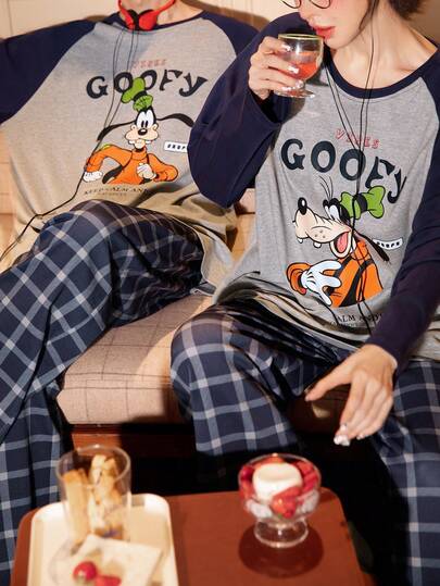  2pcs Disney Dumbo Cotton Long Sleeve Pajama Set, Breathable Soft Homewear Suit For Couples, Spring