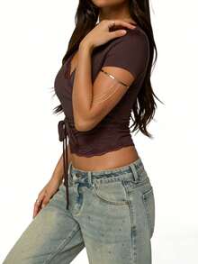 Women Y2k Summer Crop Tops Deep V Neck Lace Trim Bandage Tops Short Sleeve Slim Fit T Shirt Tight Tees Going Out Tops Club Streetwear Fairy Aesthetic Clothes - 棕色 - 查看 3