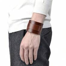 Set de 3 pulseras anchas de cuero genuino con detalles de trenzado, remaches y hebillas en estilo retro y punk para uso diario y festivales de música - Marrón - Ver 5