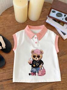 Cute Bear Pattern Sleeveless Polo Shirt Girls Set, Suitable For Girls To Wear In Spring And Summer - Multicolor - View 1