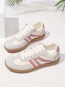 LUCKY STEP Women's Flat Fashion Sneakers, Retro Classic Lace-Up, Stylish Leather & Mesh, Tennis/Running/Walking Shoes - Pink - View 6