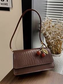 Women's Everyday Fashionable Crocodile Embossed Flap Shoulder Bag - Brown - View 3